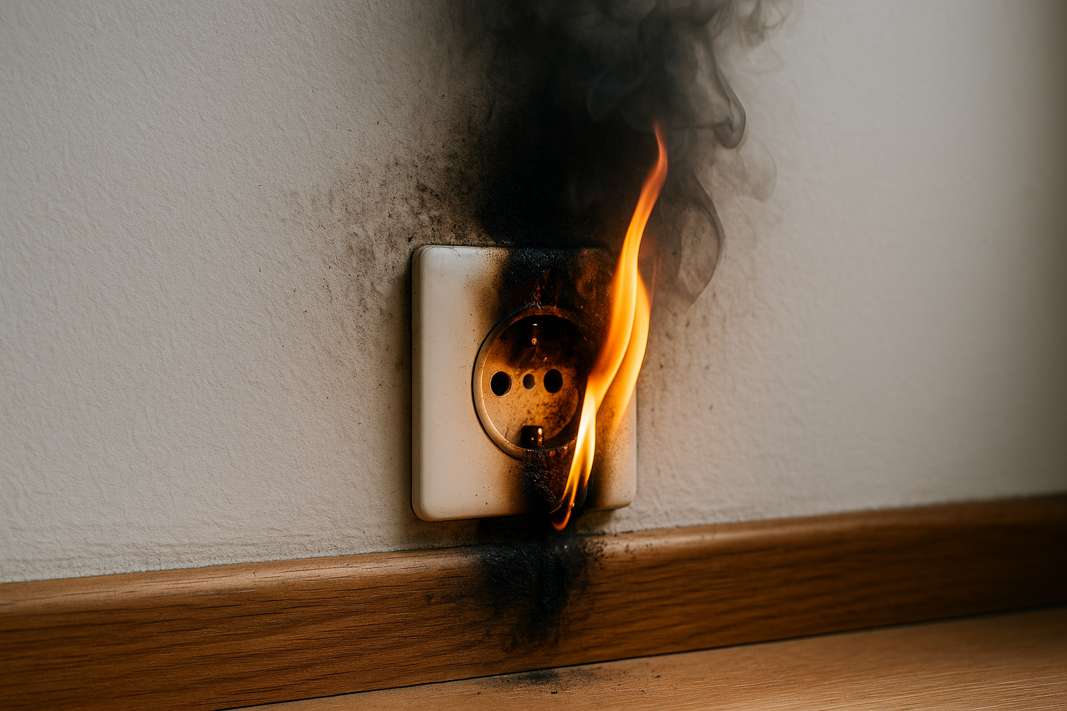 Prise de courant brûlée sur un mur — risque d’échauffement