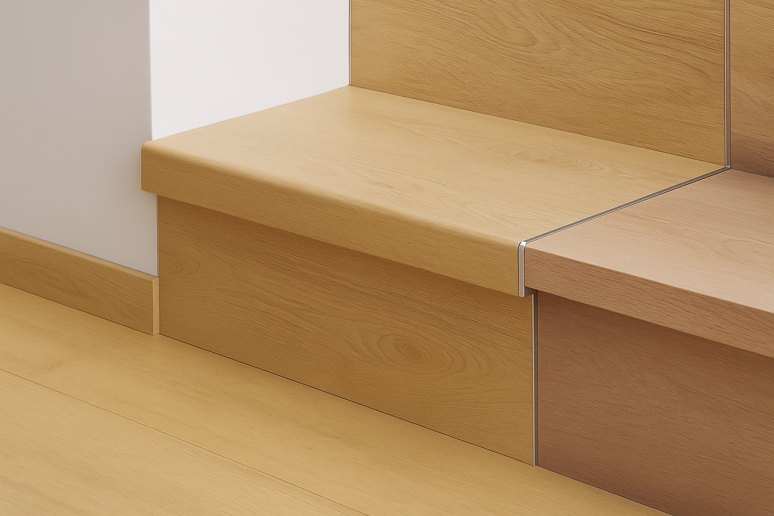 Habillage d’un vieil escalier avec marches et contremarches en stratifié bois clair