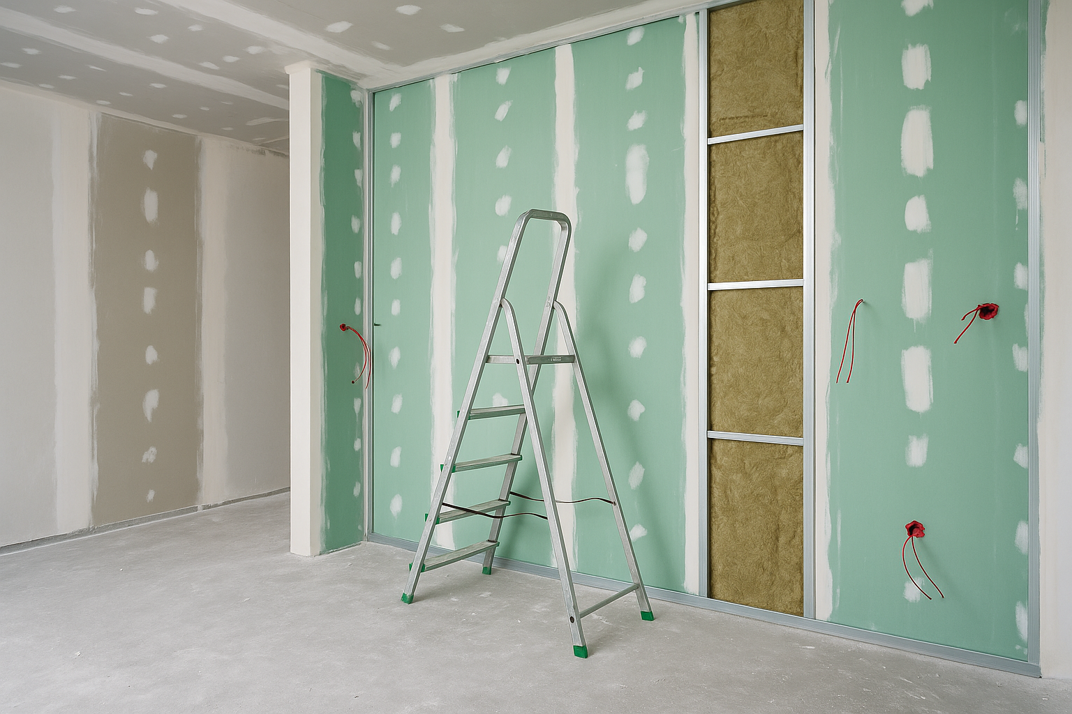 Pose de placo et isolation – cloison en cours de finition